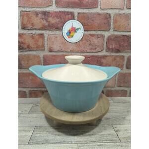 Vtg Cameron Clay Ceramic Oven-Proof USA Turquoise Covered Casserole White Lid